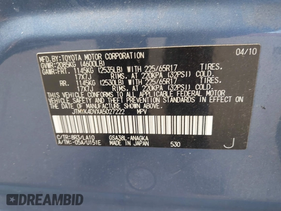 2010 Toyota RAV4 Limited с VIN JTMYK4DVXA5027222, выставлен на аукционе IAAI как лот 42057063 с пробегом 135 259 миль миль и . История ставок и продаж доступна на DreamBid. Изображение 9.