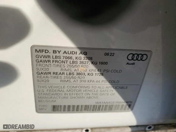 2022 Audi e-tron Premium with VIN WA1AAAGE7NB043670, listed as a Copart auction lot 42147305 with 24,177 mi miles and Salvage Title. Bid and sale history available at carsss.com. Image 13.