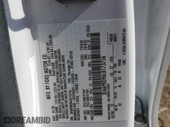 2020 Ford Fusion Titanium with VIN 3FA6P0D96LR173756, listed as a Copart auction lot 56467885 with 77,217 mi miles and Salvage title. Bid and sale history available at DreamBid. Image 12.