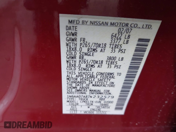 2007 Nissan Titan XE with VIN 1N6AA07A87N232579, listed as a IAAI auction lot 42151846 with 197,204 mi miles and . Bid and sale history available at DreamBid. Image 9.