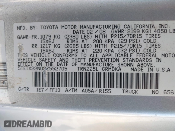 2008 Toyota Tacoma with VIN 5TETX22N08Z552705, listed as a IAAI auction lot 42051297 with 153,179 mi miles and . Bid and sale history available at DreamBid. Image 9.