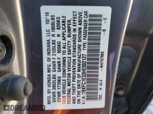 2017 Honda Civic EX-T with VIN 19XFC1E33HE002127, listed as a Copart auction lot 53803365 with 70,075 mi miles and Salvage Title. Bid and sale history available at DreamBid. Image 12.