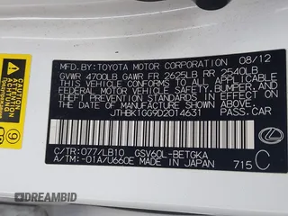 2013 Lexus ES 4dr Sdn with VIN JTHBK1GG9D2014631, listed as a IAAI auction lot 41931985 with 168,385 mi miles. Bid and sale history available at carsss.com. Image 9.