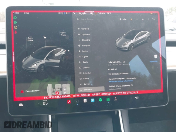 2019 Tesla Model 3 Mid Range with VIN 5YJ3E1EA3KF307415, listed as a IAAI auction lot 41673239 with 42,895 mi miles and . Bid and sale history available at DreamBid. Image 18.