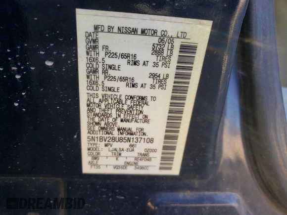 2005 Nissan Quest SL with VIN 5N1BV28U85N137108, listed as a Copart auction lot 76351734 with 158,029 mi miles and Salvage Title. Bid and sale history available at carsss.com. Image 15.