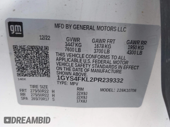 2023 Cadillac Escalade 4WD Sport with VIN 1GYS4FKL2PR239332, listed as a IAAI auction lot 41310578 with 39,836 mi miles and . Bid and sale history available at DreamBid. Image 9.