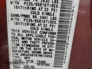 2007 Nissan Murano SL z VIN JN8AZ08T67W515959, wystawiony jako Copart lot #51770265 z przebiegiem 167 154 mil mil oraz Szkoda całkowita • Salvage title. Historia ofert i sprzedaży dostępna na DreamBid. Obrazek 13.