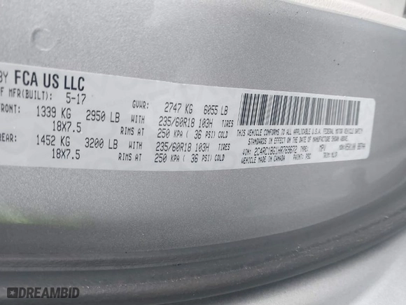 2017 Chrysler Pacifica Touring-L with VIN 2C4RC1BG1HR769672, listed as a IAAI auction lot 41189713 with NaN miles. Bid and sale history available at carsss.com. Image 9.