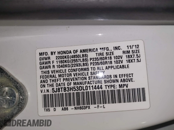 2013 Acura RDX Technology with VIN 5J8TB3H53DL011444, listed as a IAAI auction lot 42142161 with 168,670 mi miles and . Bid and sale history available at DreamBid. Image 9.