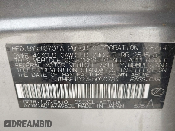 2015 Lexus IS 250 with VIN JTHBF1D27F5050784, listed as a IAAI auction lot 41767657 with 156,349 mi miles. Bid and sale history available at carsss.com. Image 9.