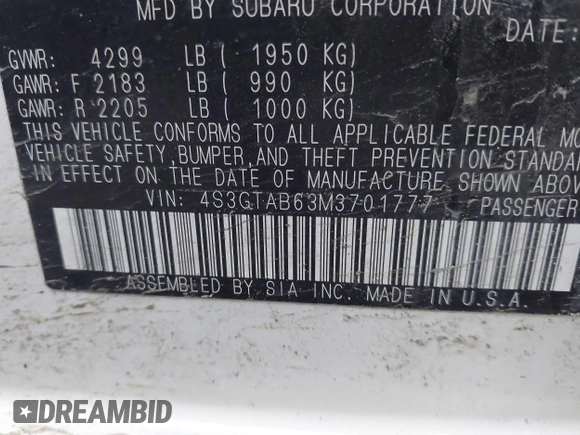 2021 Subaru Impreza with VIN 4S3GTAB63M3701777, listed as a IAAI auction lot 41787091 with 48,593 mi miles and . Bid and sale history available at DreamBid. Image 9.