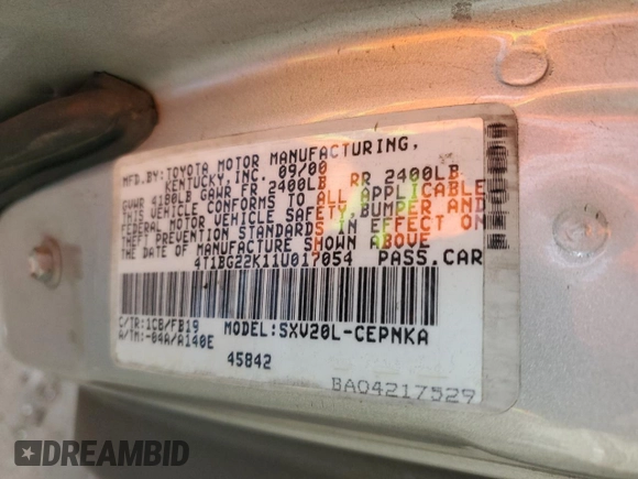 2001 Toyota Camry CE z VIN 4T1BG22K11U017054, wystawiony jako Copart lot #57623485 z przebiegiem 242 217 mil mil oraz Szkoda całkowita • Salvage title. Historia ofert i sprzedaży dostępna na DreamBid. Obrazek 12.
