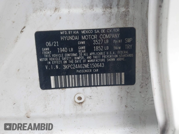 2021 Hyundai Accent SE with VIN 3KPC24A62ME150643, listed as a IAAI auction lot 41979286 with 46,307 mi miles. Bid and sale history available at carsss.com. Image 9.