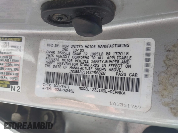 2004 Toyota Corolla CE with VIN 1NXBR32E14Z256828, listed as a IAAI auction lot 41937841 with 114,826 mi miles and . Bid and sale history available at DreamBid. Image 9.