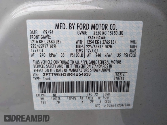 2024 Ford Maverick XLT z VIN 3FTTW8H38RRB54638, wystawiony jako IAAI lot #42361448 z przebiegiem 9 828 mil mil oraz . Historia ofert i sprzedaży dostępna na DreamBid. Obrazek 9.