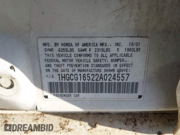 2002 Honda Accord EX z VIN 1HGCG16522A024557, wystawiony jako IAAI lot #41525344 z przebiegiem 219 786 mil mil oraz . Historia ofert i sprzedaży dostępna na DreamBid. Obrazek 9.