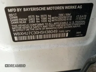 2017 BMW X1 sDrive28i with VIN WBXHU7C30H5H38049, listed as a Copart auction lot 51007915 with 52,963 mi miles and Salvage Title. Bid and sale history available at carsss.com. Image 15.