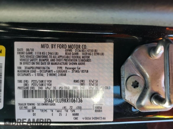 2019 Ford Fusion Hybrid SE with VIN 3FA6P0LU9KR106136, listed as a Copart auction lot 46086803 with 62,267 mi miles. Bid and sale history available at carsss.com. Image 14.