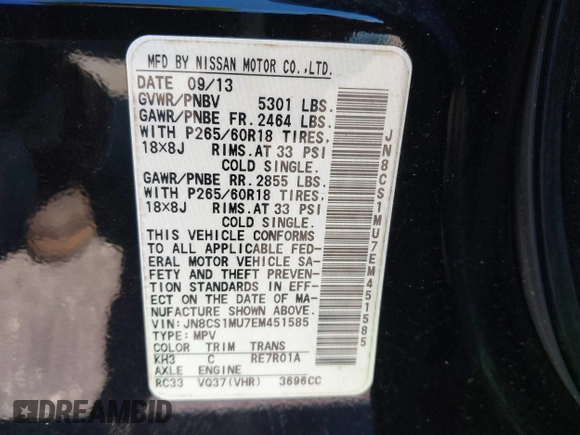 2014 Infiniti QX70 с VIN JN8CS1MU7EM451585, выставлен на аукционе IAAI как лот 41861091 с пробегом Не указан миль и . История ставок и продаж доступна на DreamBid. Изображение 9.