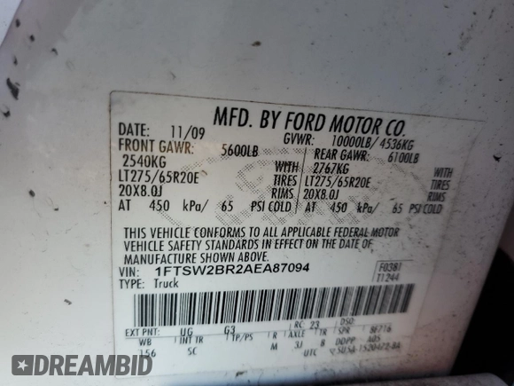 2010 Ford Super Duty F-250 SRW XL with VIN 1FTSW2BR2AEA87094, listed as a Copart auction lot 79196464 with 0 mi miles and Salvage Title. Bid and sale history available at carsss.com. Image 12.