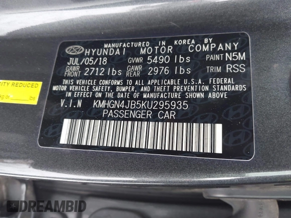 2019 Genesis G80 3.3T Sport with VIN KMHGN4JB5KU295935, listed as a IAAI auction lot 41481877 with 53,623 mi miles. Bid and sale history available at carsss.com. Image 9.