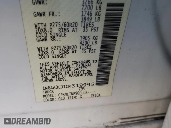 2012 Nissan Titan S with VIN 1N6AA0EJ1CN319995, listed as a Copart auction lot 52573765 with Not Provided miles and Non Repairable. Bid and sale history available at carsss.com. Image 12.