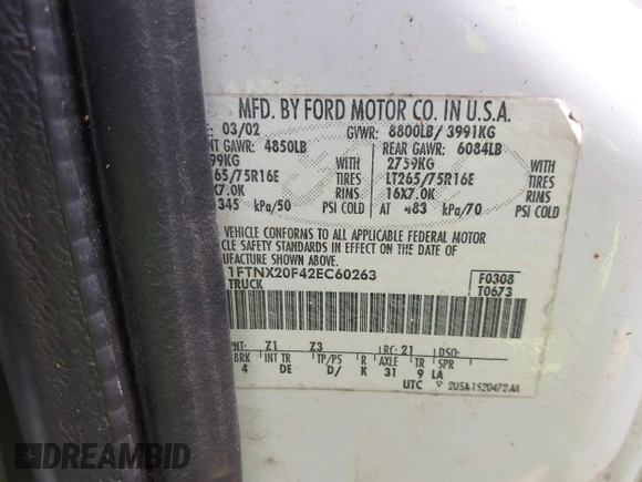 2002 Ford F-250 XL with VIN 1FTNX20F42EC60263, listed as a IAAI auction lot 42362238 with 162,068 mi miles and . Bid and sale history available at DreamBid. Image 9.