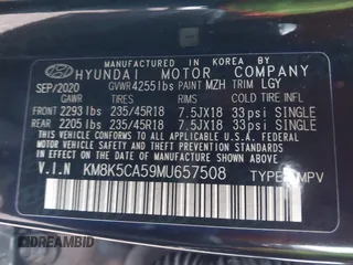 2021 Hyundai Kona Ultimate with VIN KM8K5CA59MU657508, listed as a IAAI auction lot 41144378 with 15,828 mi miles. Bid and sale history available at carsss.com. Image 9.