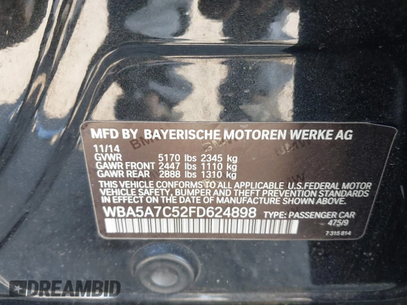 2015 BMW 5 Series 528i xDrive with VIN WBA5A7C52FD624898, listed as a IAAI auction lot 41004092 with 99,668 mi miles and . Bid and sale history available at carsss.com. Image 9.