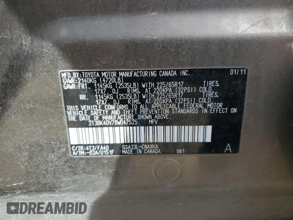 2011 Toyota RAV4 with VIN 2T3BK4DV7BW047525, listed as a Copart auction lot 84252694 with 183,442 mi miles and Salvage Title. Bid and sale history available at carsss.com. Image 15.