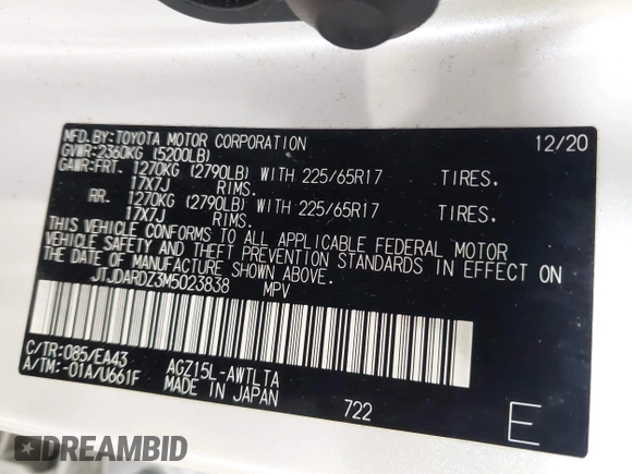 2021 Lexus NX 300 with VIN JTJDARDZ3M5023838, listed as a IAAI auction lot 42248075 with 38,511 mi miles and . Bid and sale history available at DreamBid. Image 9.