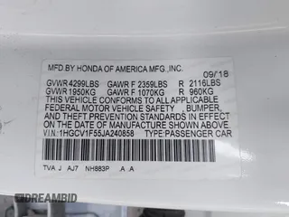 2018 Honda Accord EX-L with VIN 1HGCV1F55JA240858, listed as a IAAI auction lot 42816585 with 75,318 mi miles and . Bid and sale history available at DreamBid. Image 9.