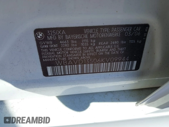 2006 BMW 3 Series 325xi with VIN WBAVD13506KV09944, listed as a IAAI auction lot 41760287 with 175,061 mi miles. Bid and sale history available at carsss.com. Image 9.