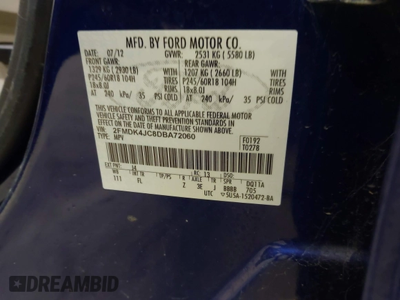 2013 Ford Edge SEL with VIN 2FMDK4JC8DBA72060, listed as a IAAI auction lot 42069653 with 60,622 mi miles. Bid and sale history available at carsss.com. Image 9.