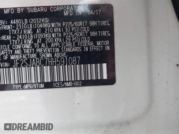 2017 Subaru Forester with VIN JF2SJABC7HH591087, listed as a IAAI auction lot 41858995 with Not Provided miles and . Bid and sale history available at DreamBid. Image 9.