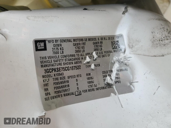 2012 Chevrolet Silverado 1500 LT with VIN 3GCPKSE75CG187522, listed as a Copart auction lot 47559765 with Not Provided miles and Non Repairable. Bid and sale history available at DreamBid. Image 12.