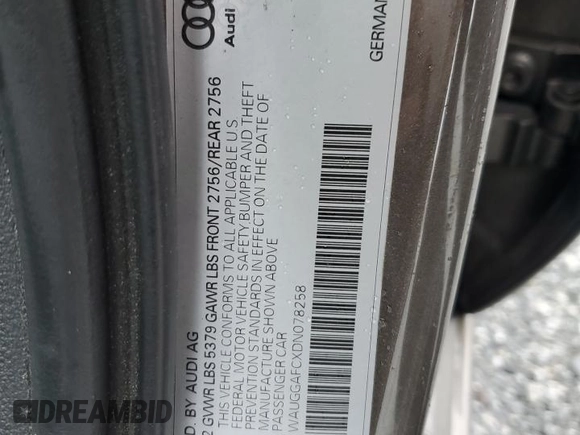 2013 Audi A6 Premium Plus with VIN WAUGGAFCXDN078258, listed as a Copart auction lot 51437285 with 122,345 mi miles and Salvage title. Bid and sale history available at DreamBid. Image 13.