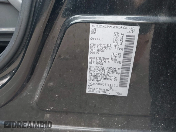 2015 Nissan Pathfinder SL z VIN 5N1AR2MM8FC633321, wystawiony jako IAAI lot #42521818 z przebiegiem 180 279 mil mil oraz . Historia ofert i sprzedaży dostępna na DreamBid. Obrazek 9.
