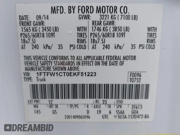 2014 Ford F-150 XL with VIN 1FTFW1CT0EKF51223, listed as a IAAI auction lot 42117076 with 176,505 mi miles. Bid and sale history available at carsss.com. Image 9.