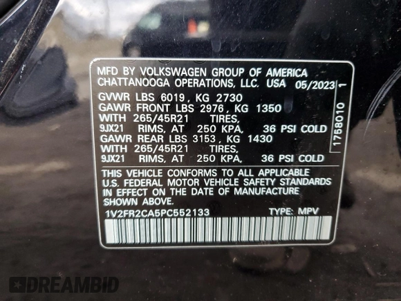 2023 Volkswagen Atlas SEL Premium R-Line with VIN 1V2FR2CA5PC552133, listed as a Copart auction lot 47933765 with 19,564 mi miles and Salvage title. Bid and sale history available at DreamBid. Image 14.