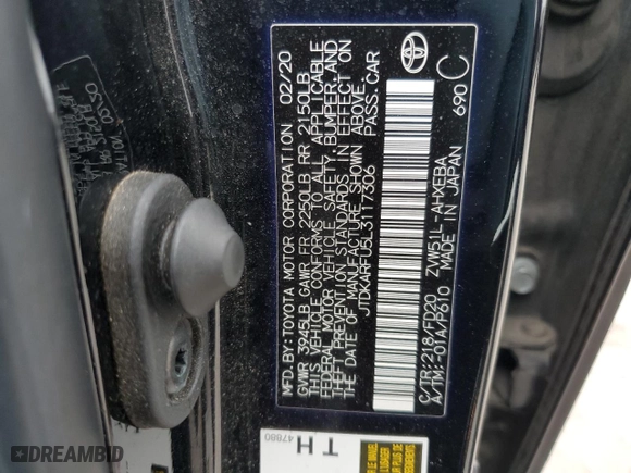 2020 Toyota Prius L Eco with VIN JTDKARFU5L3117306, listed as a Copart auction lot 52818595 with 33,426 mi miles and Salvage Title. Bid and sale history available at carsss.com. Image 12.