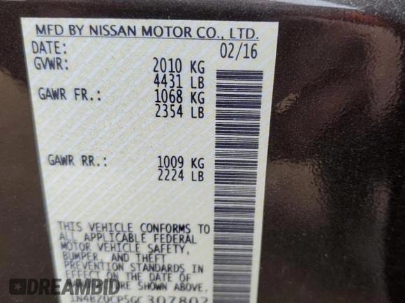 2016 Nissan LEAF S with VIN 1N4BZ0CP5GC307802, listed as a Copart auction lot 43436535 with 50,359 mi miles and Salvage Title. Bid and sale history available at DreamBid. Image 12.