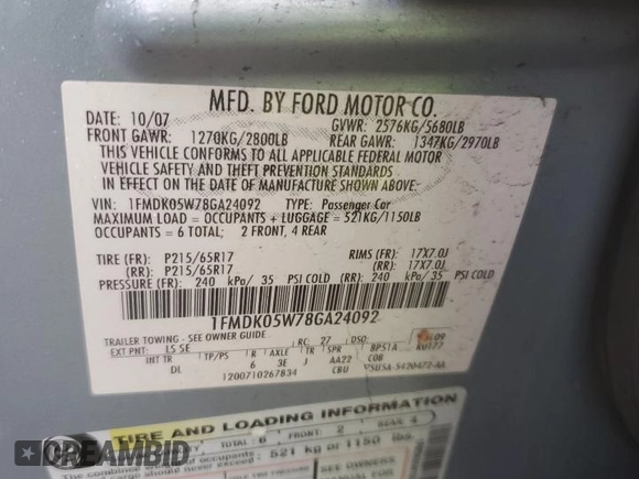 2008 Ford Taurus X SEL с VIN 1FMDK05W78GA24092, выставлен на аукционе Copart как лот 43818835 с пробегом 200 446 миль миль и Списание • Salvage title. История ставок и продаж доступна на DreamBid. Изображение 13.