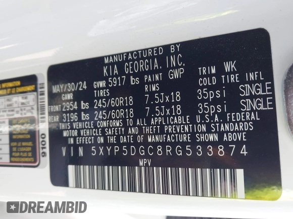 2024 Kia Telluride SX Prestige X-Pro with VIN 5XYP5DGC8RG533874, listed as a IAAI auction lot 42377392 with 11,819 mi miles and . Bid and sale history available at DreamBid. Image 9.