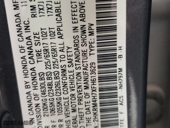 2015 Honda CR-V EX-L with VIN 2HKRM4H7XFH613629, listed as a Copart auction lot 53366845 with 140,419 mi miles and Clean Title. Bid and sale history available at carsss.com. Image 14.