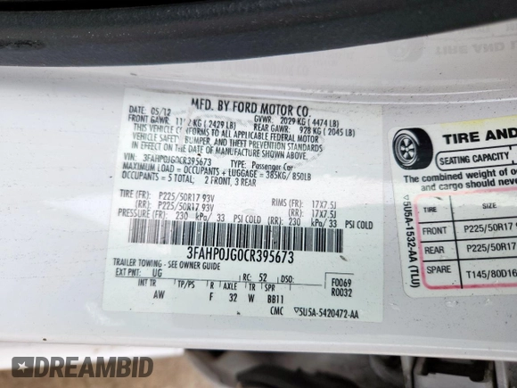 2012 Ford Fusion SEL with VIN 3FAHP0JG0CR395673, listed as a Copart auction lot 57904135 with 169,886 mi miles and Salvage title. Bid and sale history available at DreamBid. Image 13.