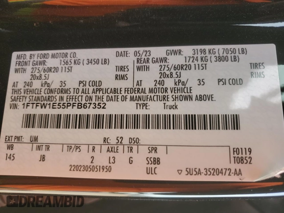 2023 Ford F-150 XL с VIN 1FTFW1E55PFB67352, выставлен на аукционе Copart как лот 82169164 с пробегом 54 214 миль миль и Чистый • Clean title. История ставок и продаж доступна на DreamBid. Изображение 14.