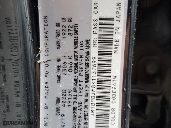 2019 Mazda Mazda3 Hatchback with VIN JM1BPBJM8K1137699, listed as a Copart auction lot 76666384 with 0 mi miles and Non Repairable. Bid and sale history available at carsss.com. Image 12.