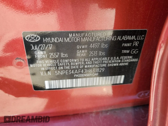 2018 Hyundai Sonata Sport with VIN 5NPE34AF4JH631829, listed as a Copart auction lot 51757045 with 178,596 mi miles and Salvage Title. Bid and sale history available at carsss.com. Image 12.