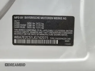 2018 BMW 7 Series 740i with VIN WBA7E2C51JG742075, listed as a Copart auction lot 65057923 with 0 mi miles. Bid and sale history available at carsss.com. Image 12.